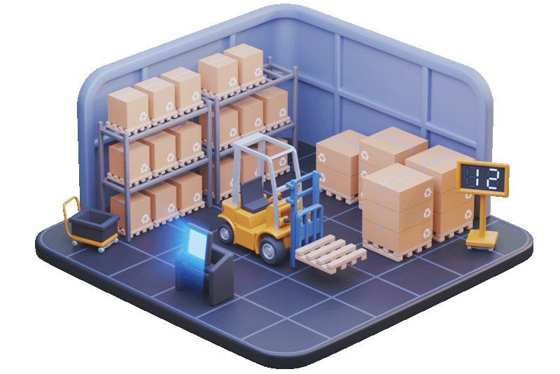 Isometric warehouse cell with racks, a forklift, and a control station