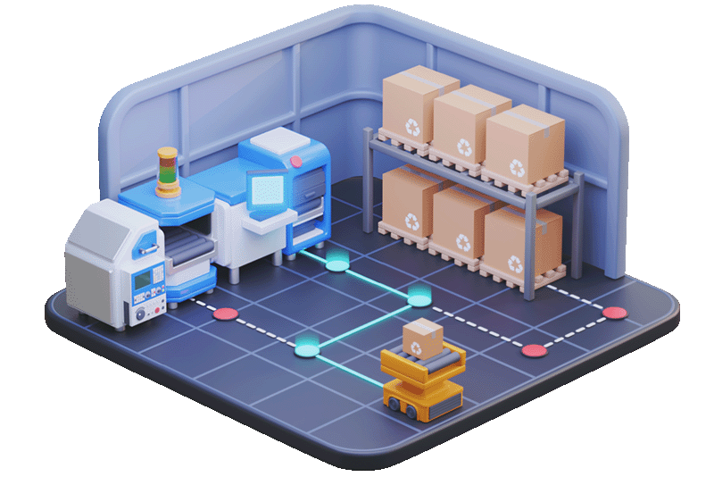 Isometric cell with a conveyor, a scanner station, and a path of lights across the floor