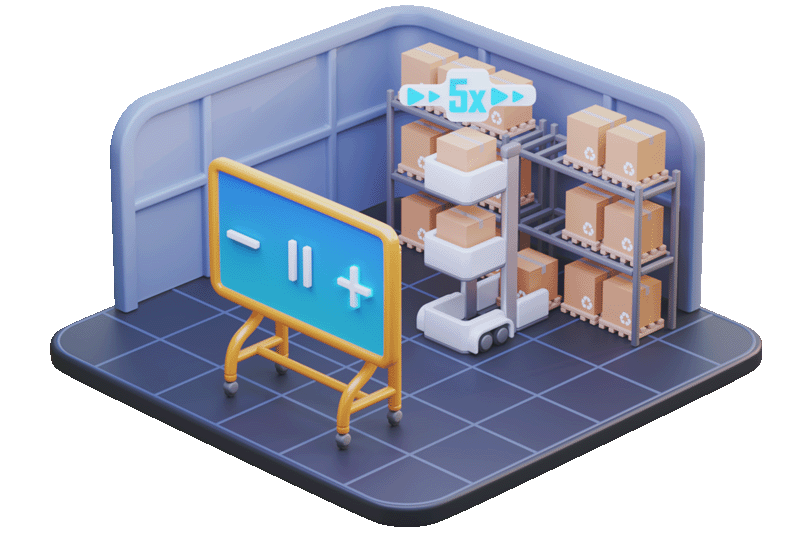 Isometric cell with a shuttle, racks, and a board marked for a faster simulation rate