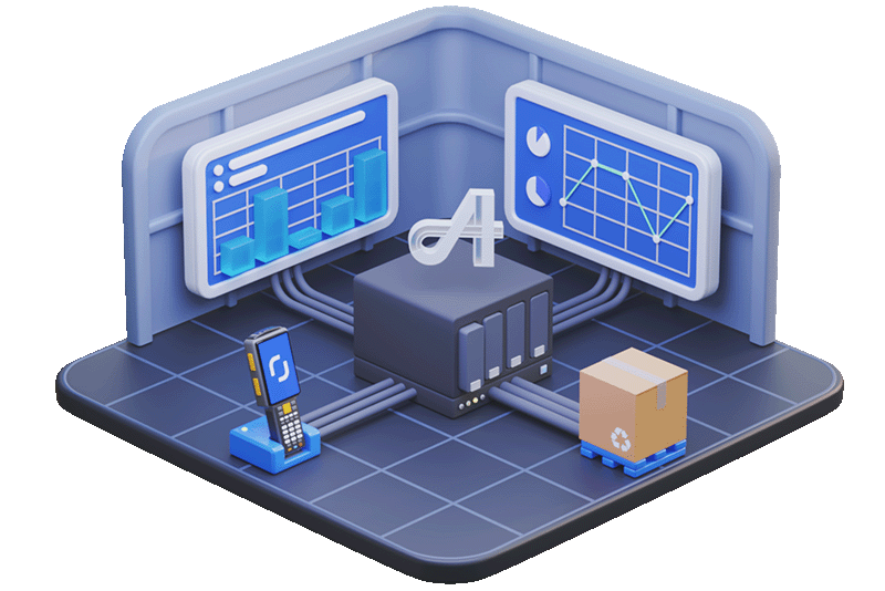 Isometric cell with chart displays, a server, and a handheld scanner